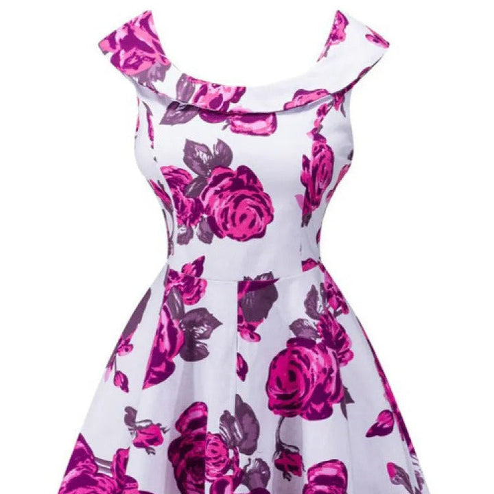 Robe midi pour femme, décolleté bateau floral, style évasé - Brigitte