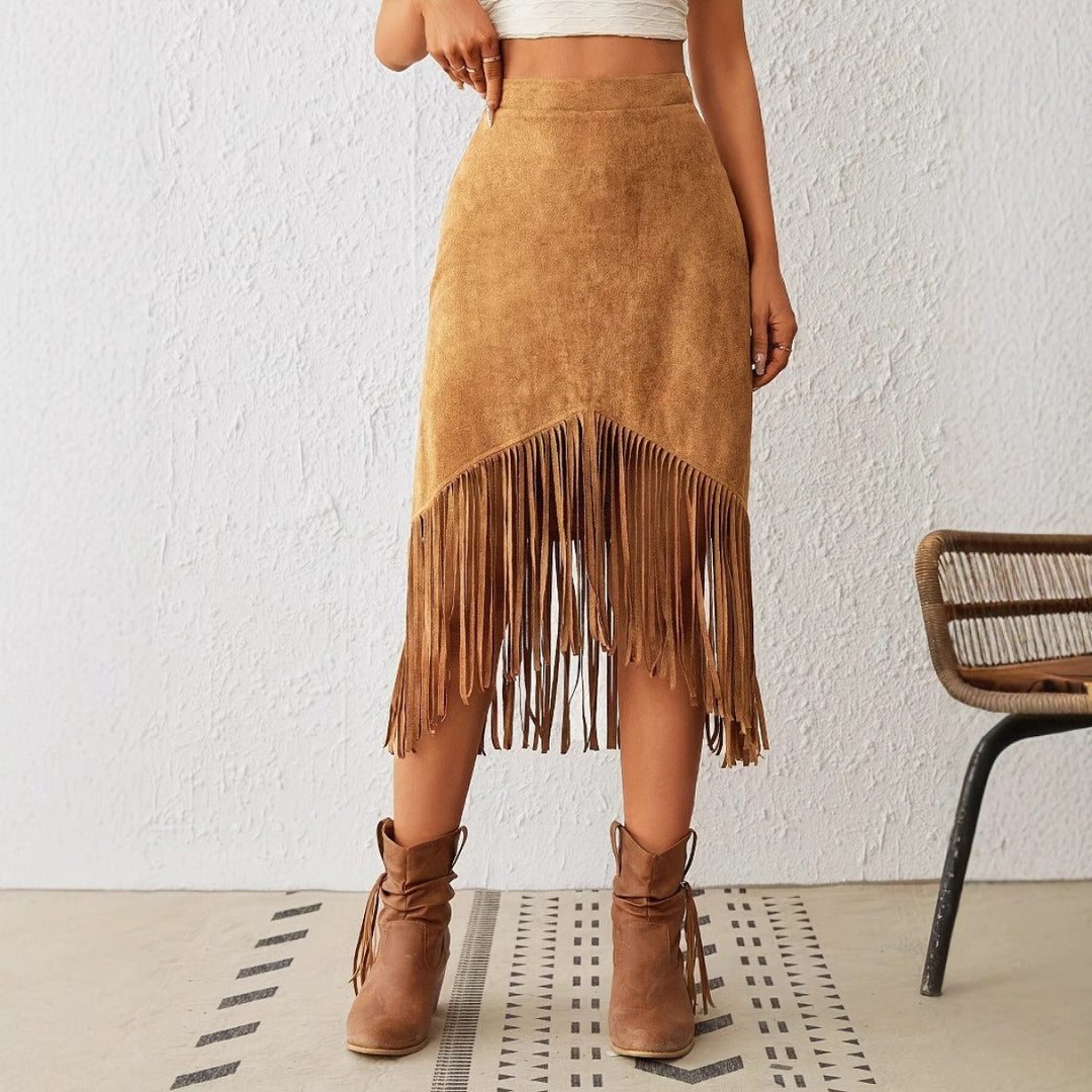 Jupe midi pour femme en daim avec franges bohémiennes - Samira