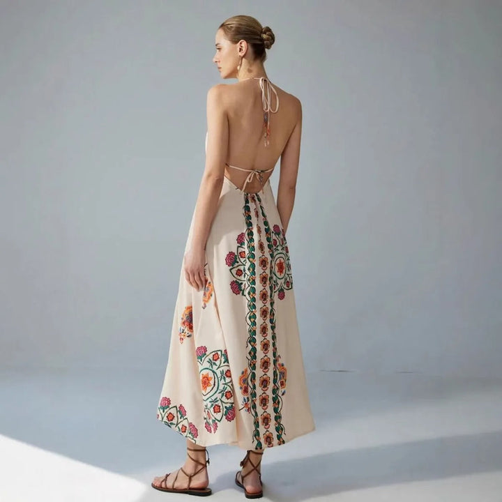 Robe longue dos nu broderie florale - Elara