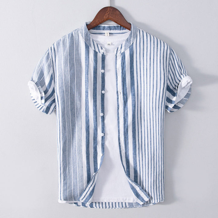 Chemise homme en lin, col mao, rayures verticales - Étienne