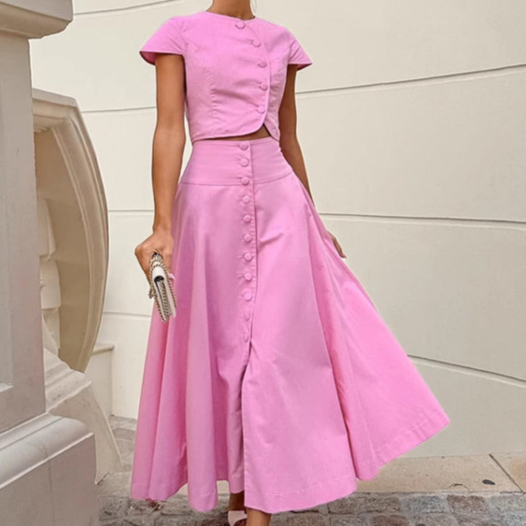 Ensemble deux pièces pour femme, haut boutonné et jupe midi évasée - Valeria