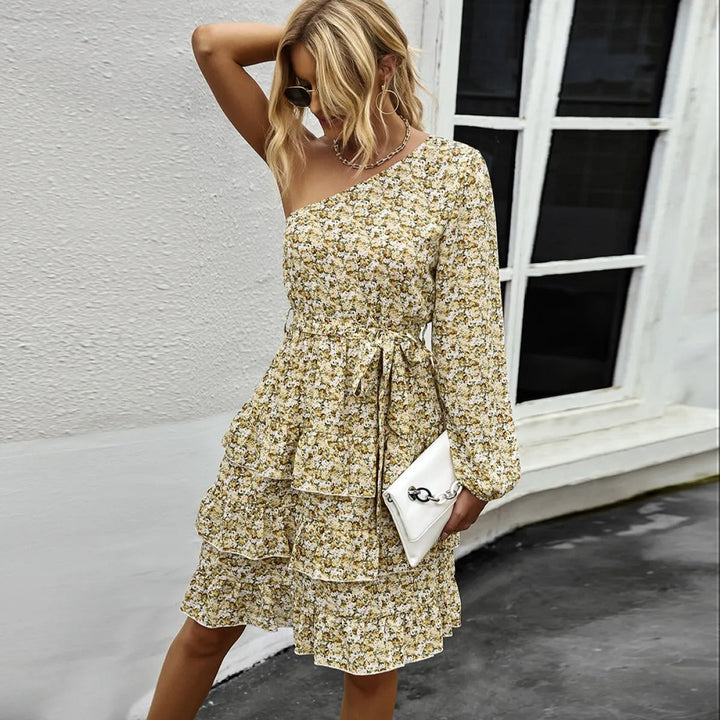 Robe florale à manches longues avec volants asymétriques pour femmes - Emilia