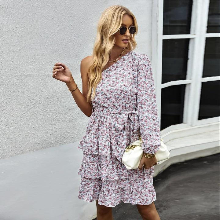 Robe florale à manches longues avec volants asymétriques pour femmes - Emilia