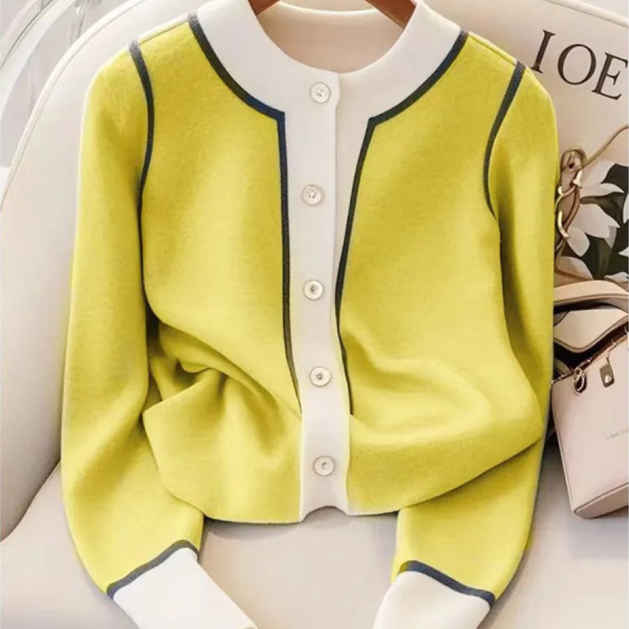 Cardigan femme élégant col rond finement tricoté et contrasté - Elina