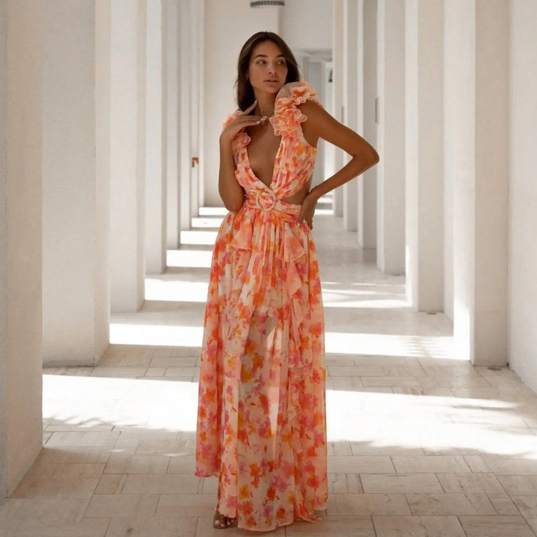 Robe asymétrique en mousseline de soie florale à encolure profonde pour femme - Mélodie