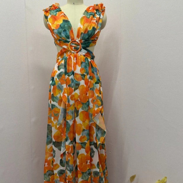 Robe asymétrique en mousseline de soie florale à encolure profonde pour femme - Mélodie
