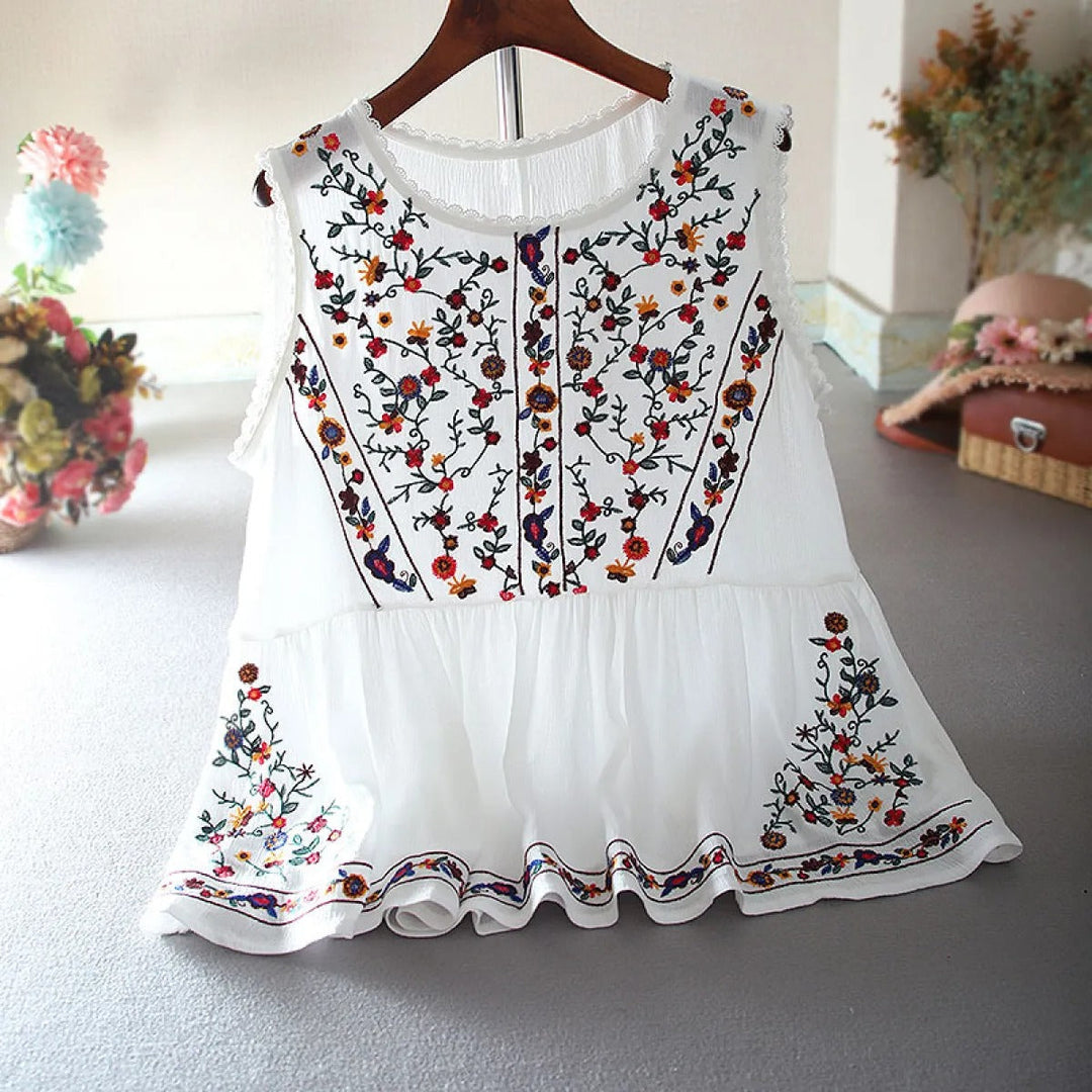 Blouse sans manches brodée de fleurs de Bohème - Alondra