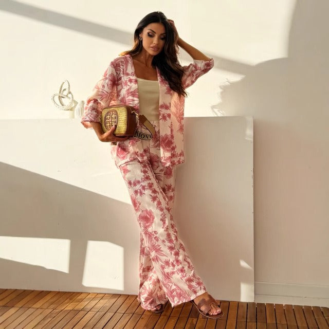 Ensemble femme avec pantalon droit et chemise à imprimé floral - Fabienne