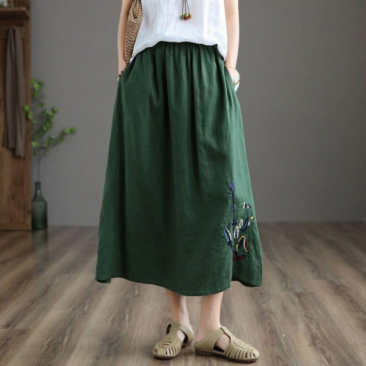 Jupe midi pour femme avec taille élastiquée et broderie florale faite à la main - Amandine