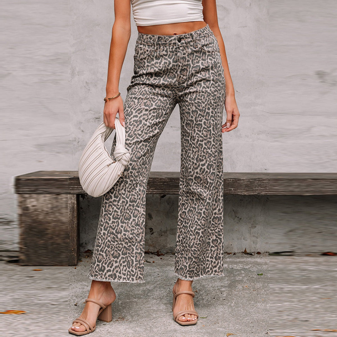 Pantalon à taille haute à imprimé animalier et coupe droite pour femmes - Nadine