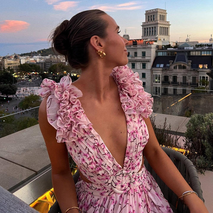 Robe asymétrique en mousseline de soie florale à encolure profonde pour femme - Mélodie