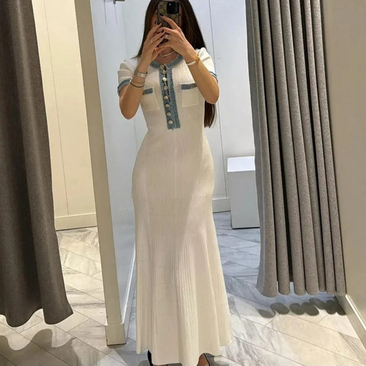 Robe longue pour femme en maille côtelée avec détails en denim - Mariela