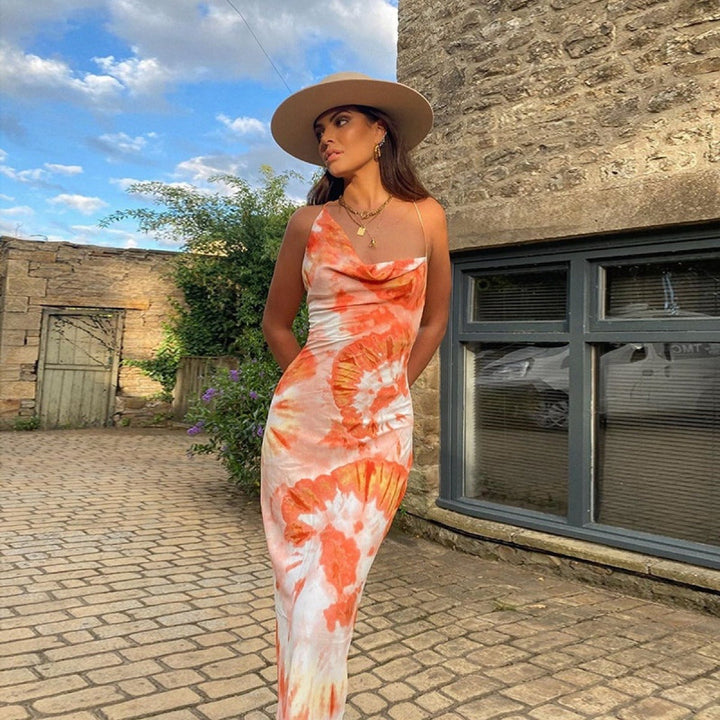 Robe longue à imprimé tie-dye et encolure drapée pour femme - Mariana
