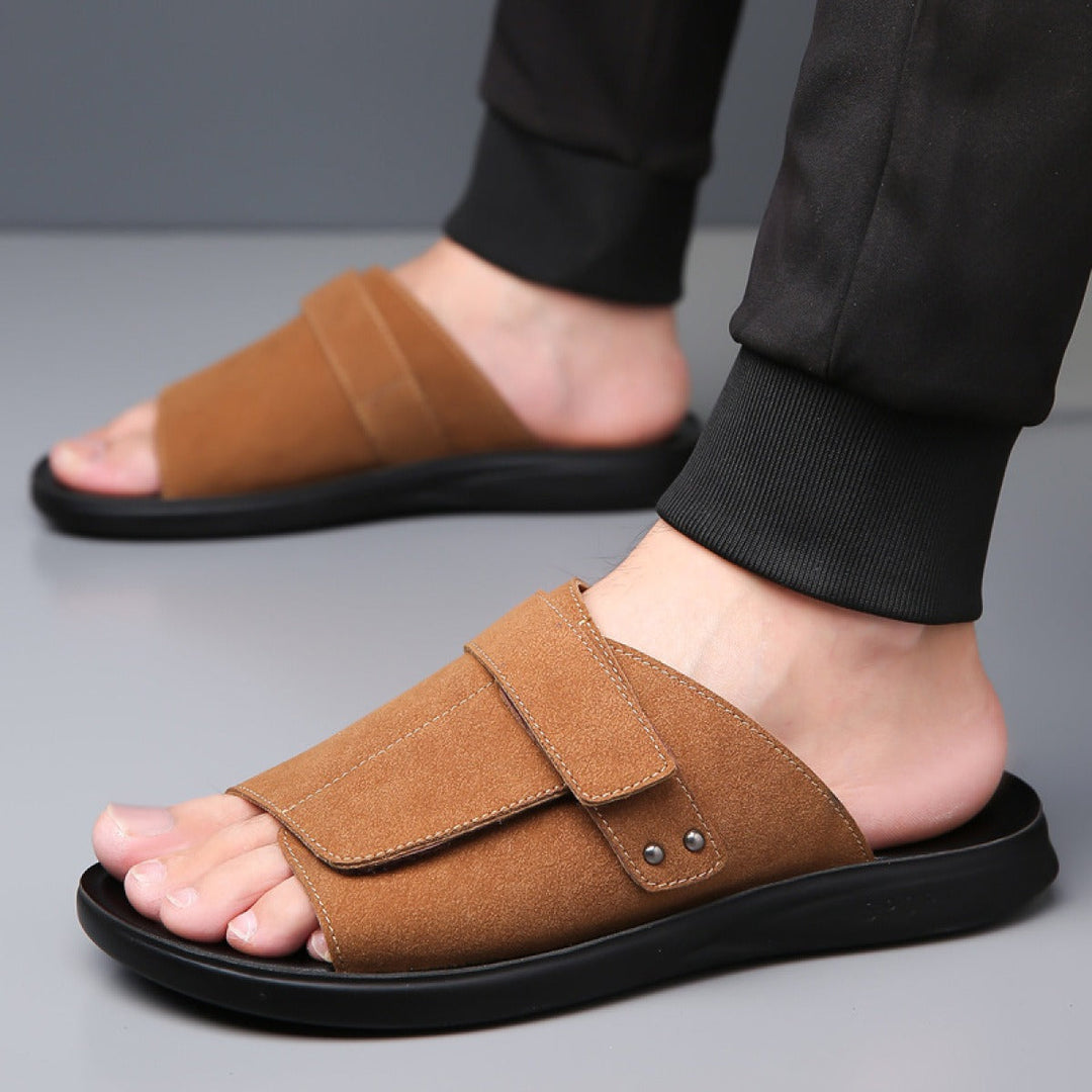 Sandales en croûte de cuir pour hommes, à bout ouvert et à large bride - Jose