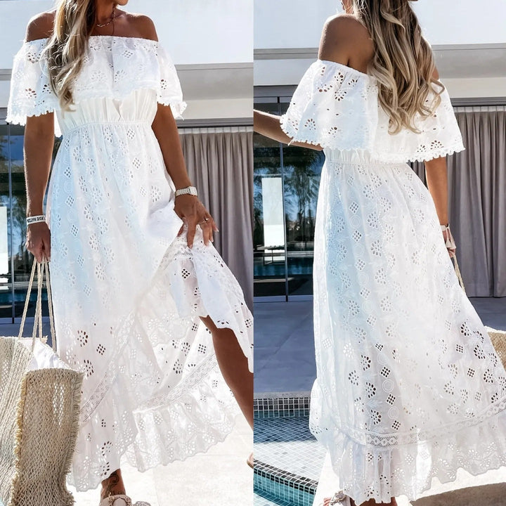 Robe longue pour femme avec broderie ajourée et encolure bateau - Julieta