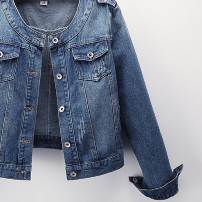 Veste en jean pour femme, col rond, poches avant - Hila