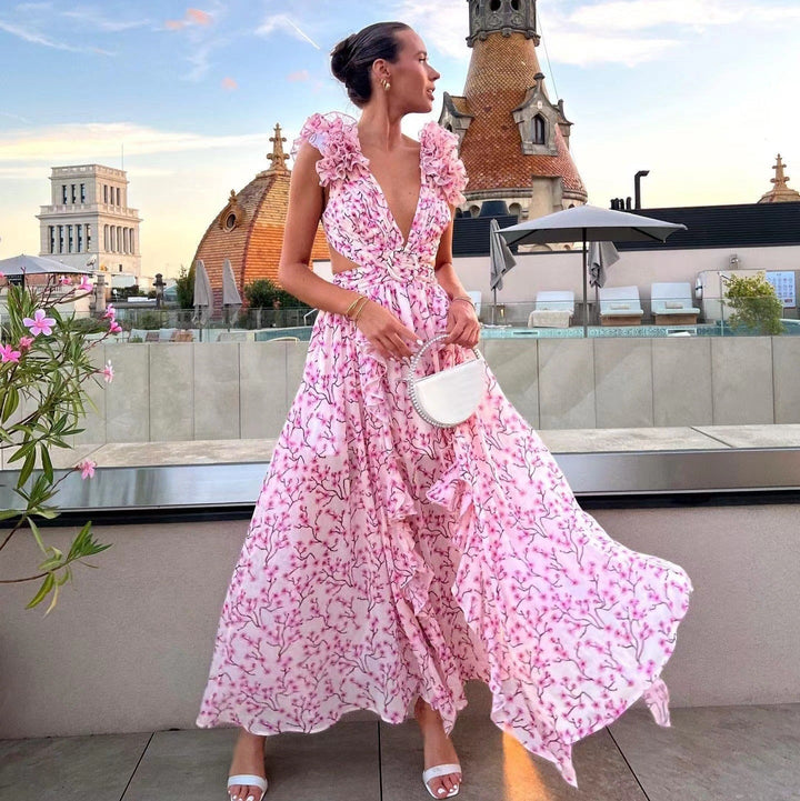 Robe asymétrique en mousseline de soie florale à encolure profonde pour femme - Mélodie