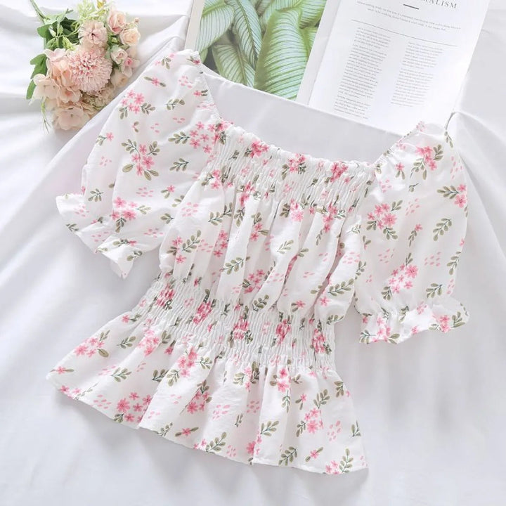 Chemisier à fleurs pour femmes avec nid d'abeilles et manches bouffantes style romantique - Lía
