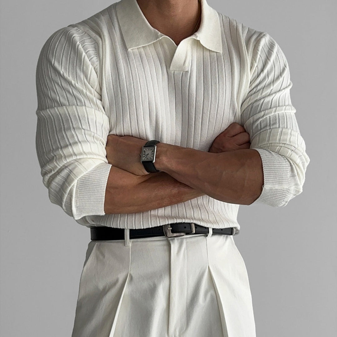 Pull homme en maille côtelée, col polo, coupe cintrée - Bruno