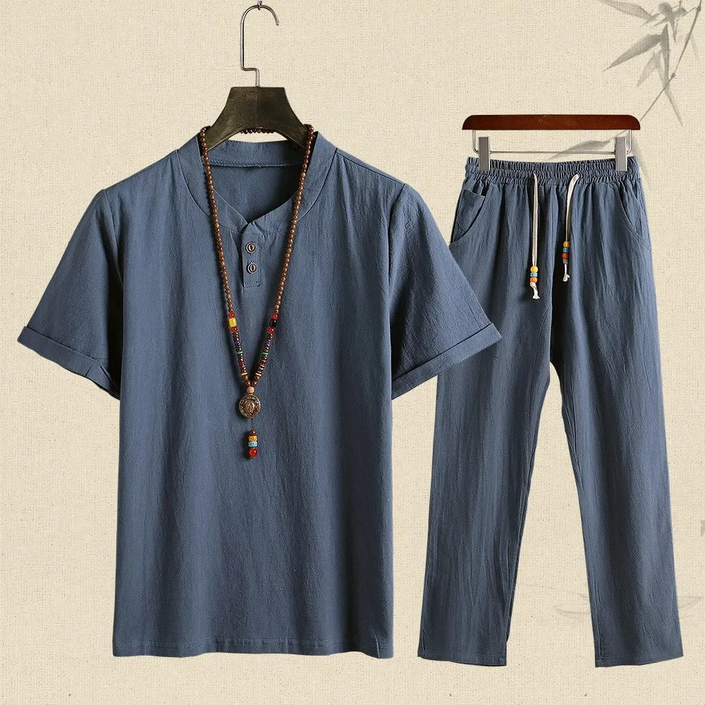 Ensemble en lin pour homme, style décontracté, manches courtes - Tao