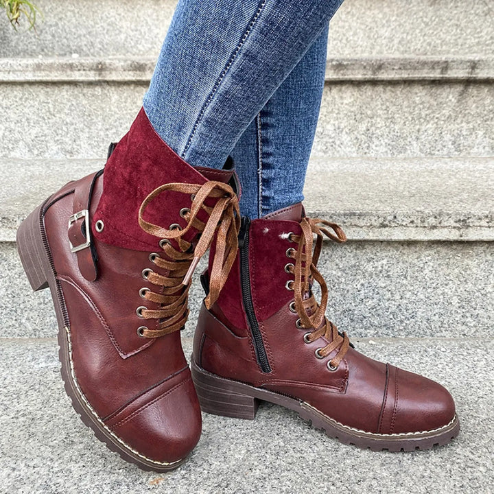 Bottines pour femmes en cuir synthétique avec lacets de style militaire - Estela