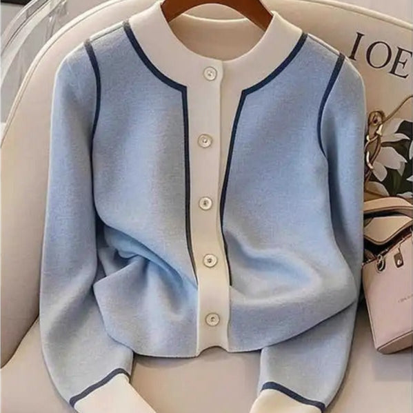 Cardigan femme élégant col rond finement tricoté et contrasté - Elina