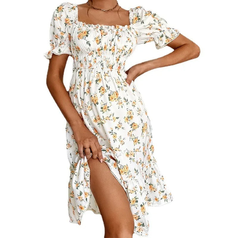 Robe midi à fleurs pour femme avec manches bouffantes de style vintage - Julieta
