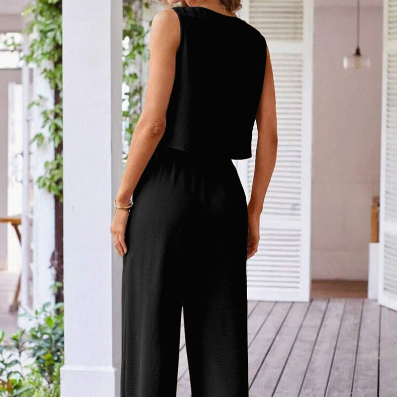 Ensemble sans manches à boutons fluides et pantalon palazzo pour femmes - Ambre
