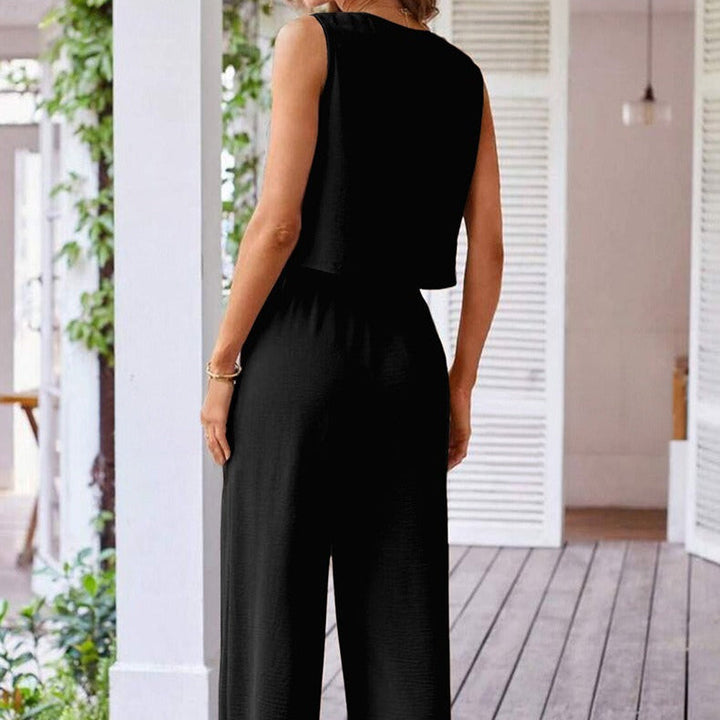 Ensemble sans manches à boutons fluides et pantalon palazzo pour femmes - Ambre