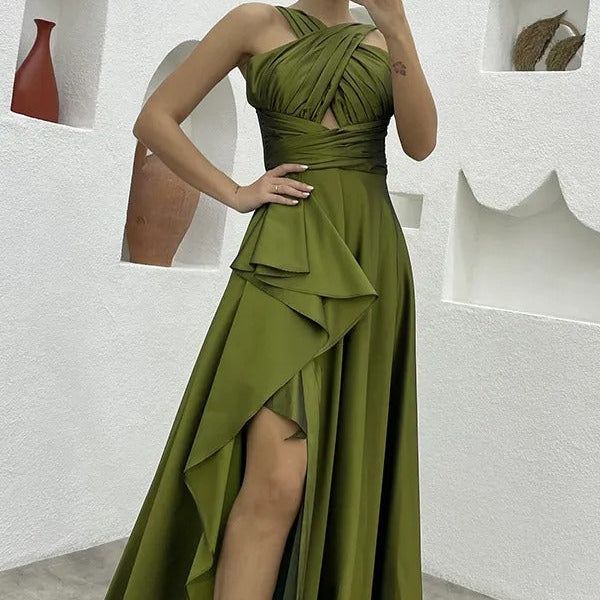 Robe longue plissée en satin à coupe asymétrique pour femme - Natalia