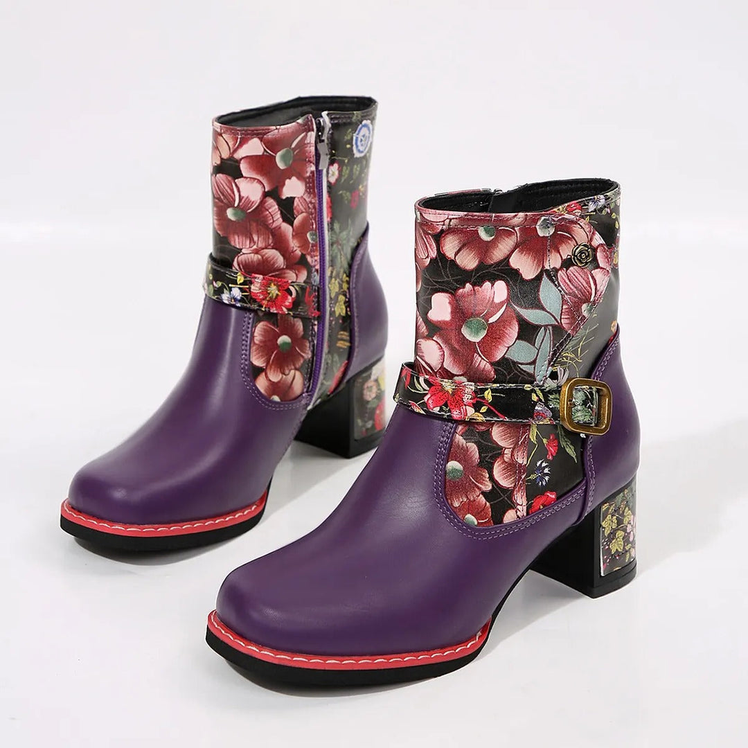 Bottines à talon moyen pour femmes avec motif floral - Olivia