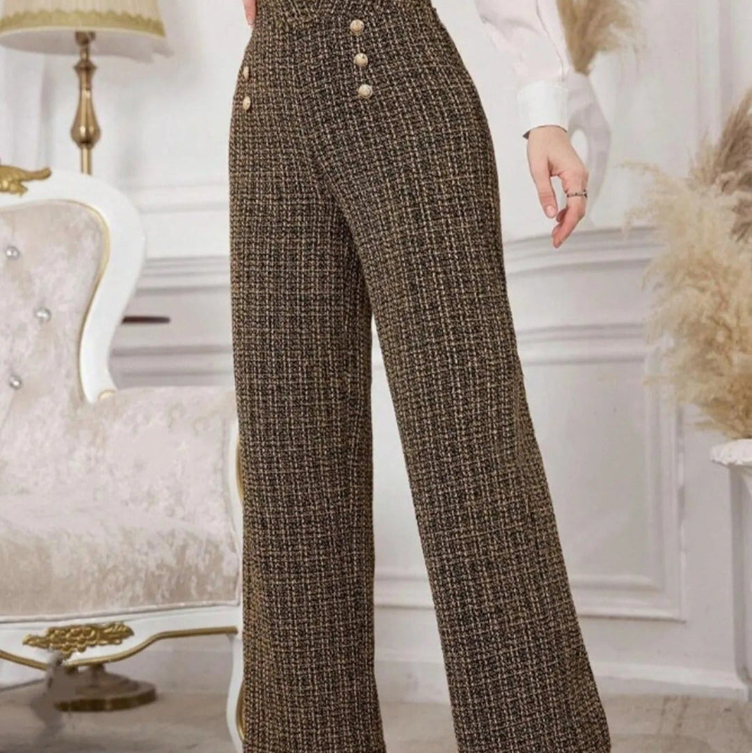 Pantalon en tweed pour femme avec taille haute et boutons décoratifs - Noémie