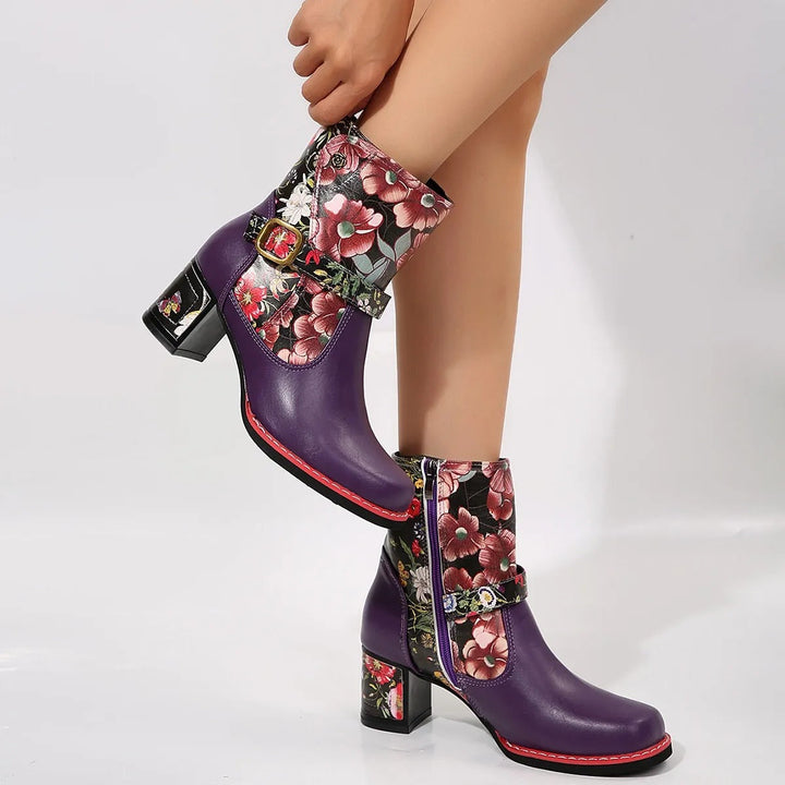 Bottines à talon moyen pour femmes avec motif floral - Olivia