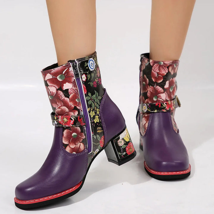 Bottines à talon moyen pour femmes avec motif floral - Olivia