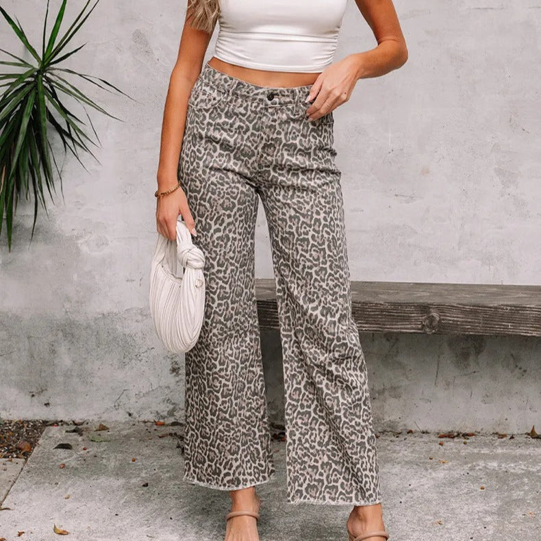 Pantalon à taille haute à imprimé animalier et coupe droite pour femmes - Nadine