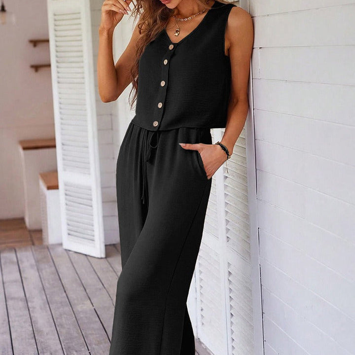 Ensemble sans manches à boutons fluides et pantalon palazzo pour femmes - Ambre