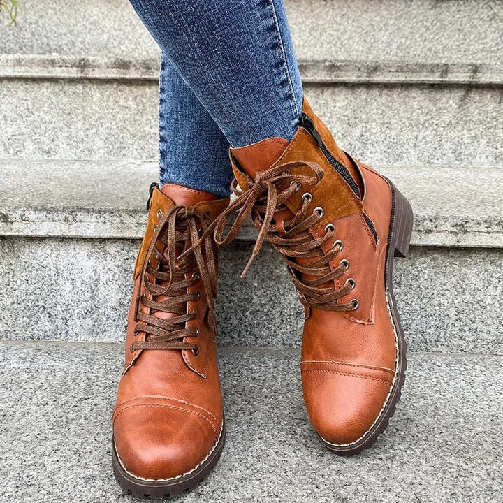 Bottines pour femmes en cuir synthétique avec lacets de style militaire - Estela