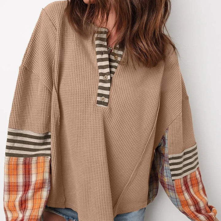 Sweat-shirt style patchwork à manches rayées et à carreaux pour femme - Leona