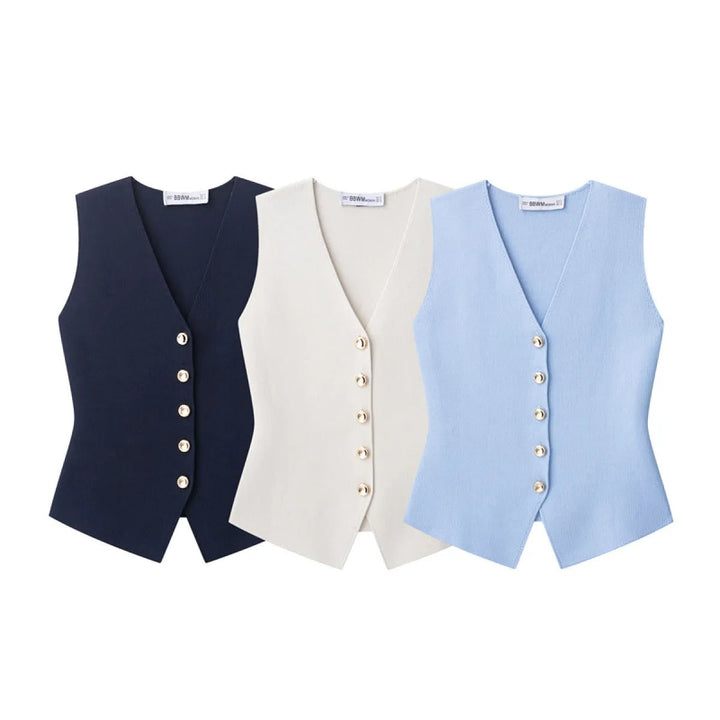 Gilet sans manches pour femme avec boutons dorés, style tailleur - Saray