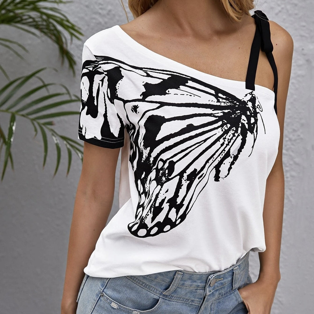 Chemisier pour femme en coton imprimé papillon avec bretelles asymétriques - Nerea