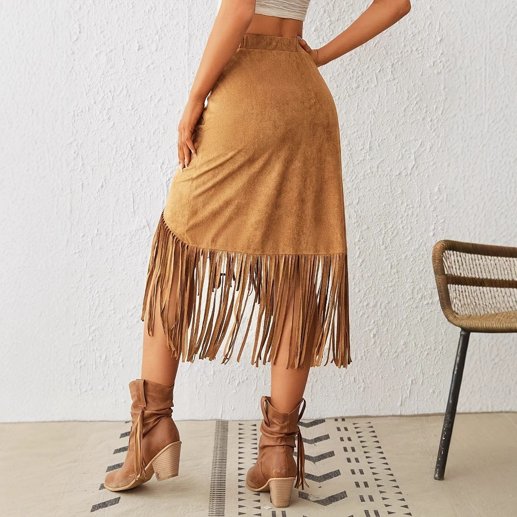 Jupe midi pour femme en daim avec franges bohémiennes - Samira