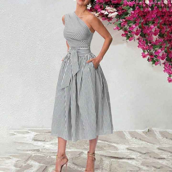 Robe midi femme à fines rayures et encolure asymétrique - Berenice
