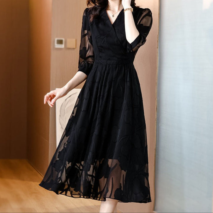 Robe midi pour femme en mousseline de soie florale à manches transparentes - Annelise