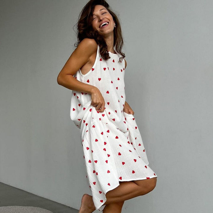 Robe longue sans manches en coton imprimé cœur pour femme - Mieke