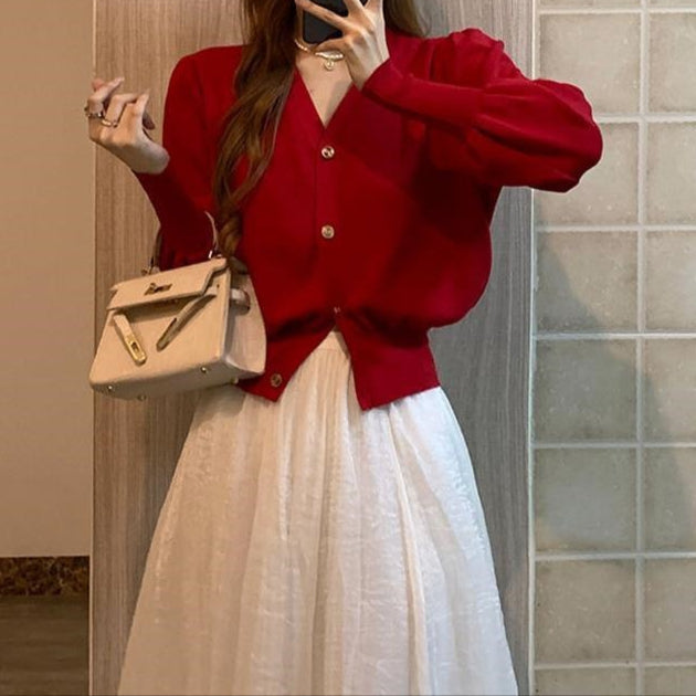 Cardigan femme rétro à col en V et manches bouffantes - Odile