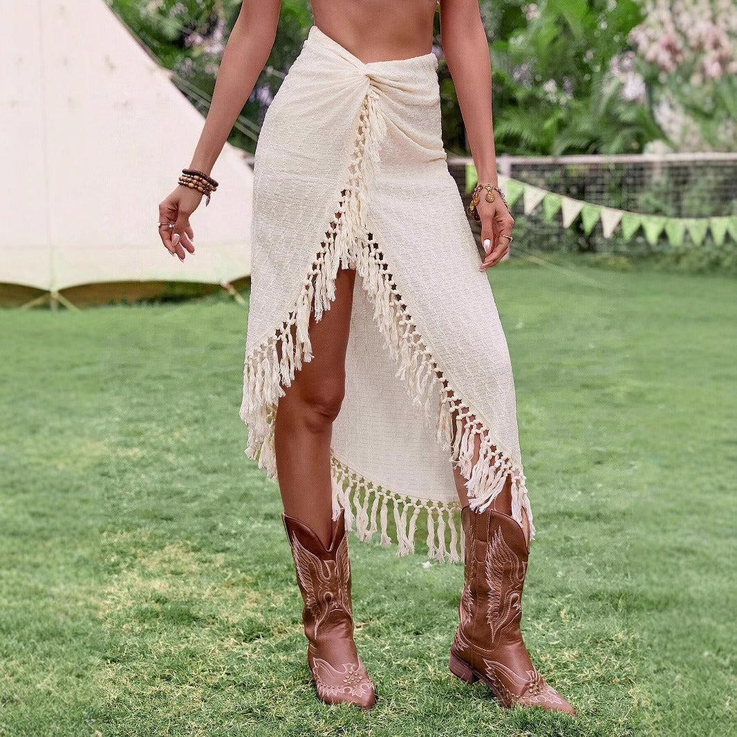 Jupe paréo asymétrique à franges pour femme - Amaya