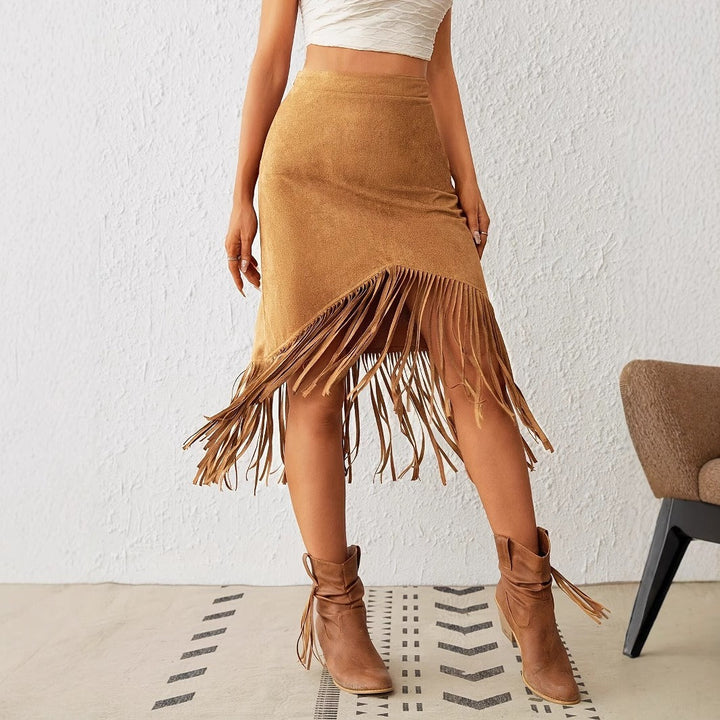 Jupe midi pour femme en daim avec franges bohémiennes - Samira