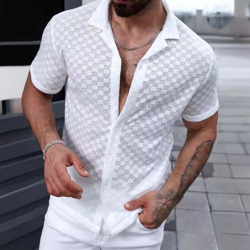 Chemise semi-transparente à manches courtes pour hommes avec motif à carreaux - Giulio