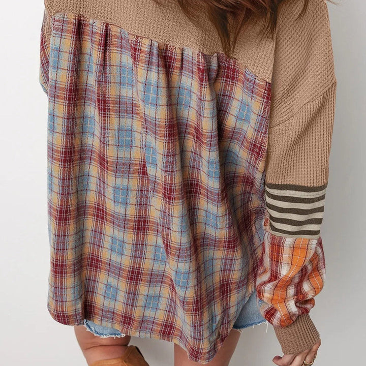 Sweat-shirt style patchwork à manches rayées et à carreaux pour femme - Leona