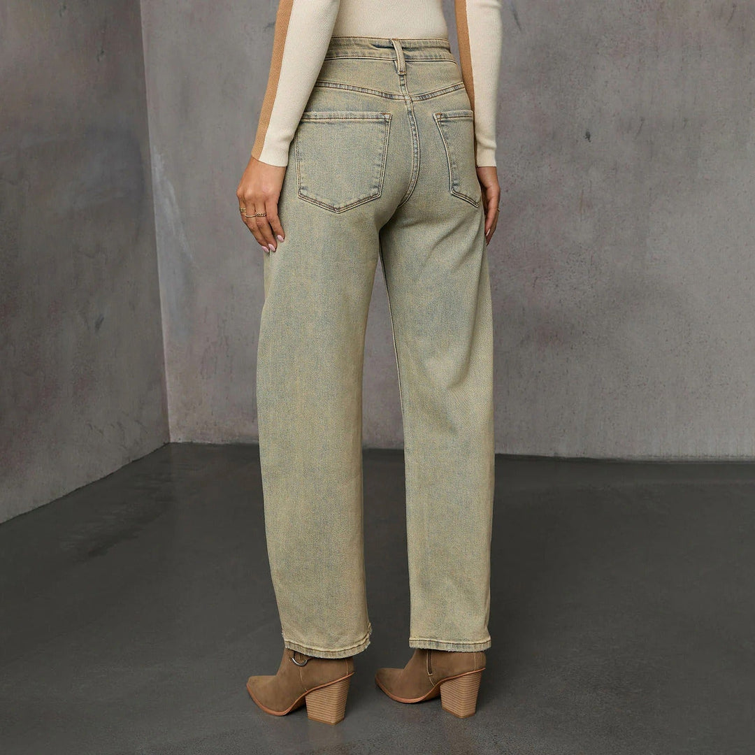 Jeans en denim délavé pour femmes, coupe droite, taille haute - Amira